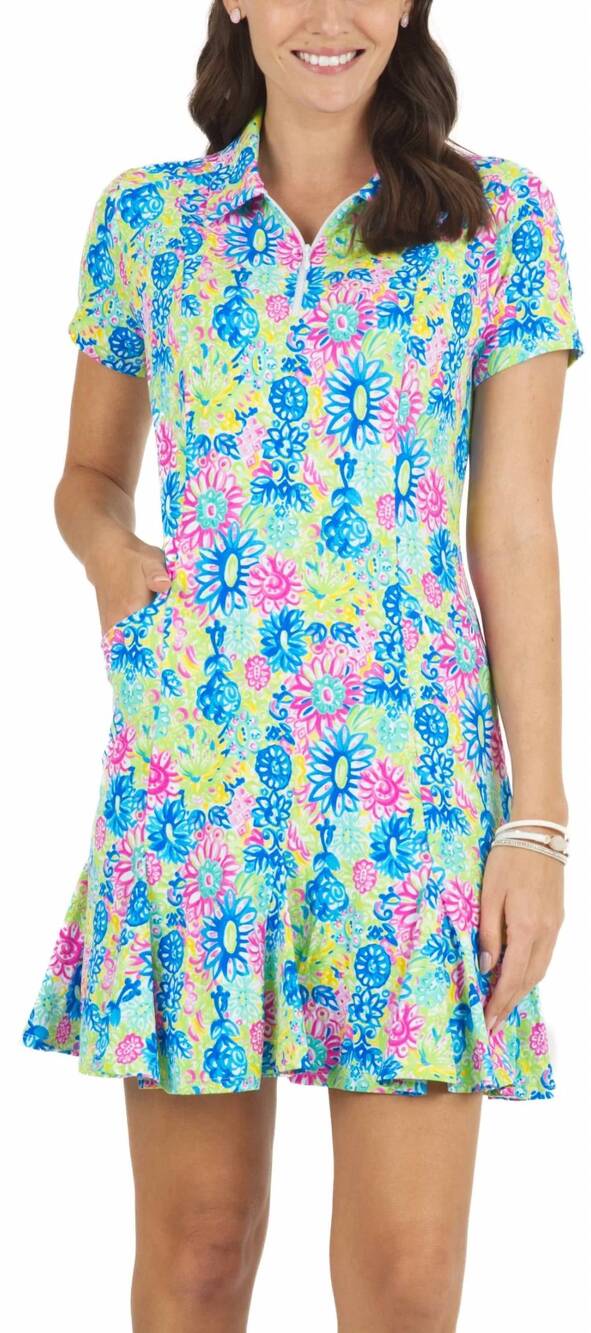 NEW IBKUL women's lilli print godet golf dress in green/blue